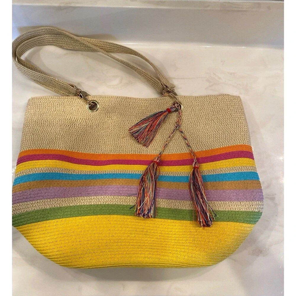 Unbranded Beach‎ Tote Bag Large Multicolor EUC Boho Metallic Tassel Shoulder Bag
